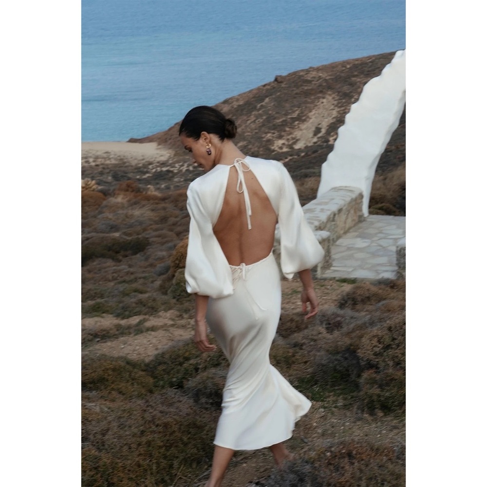 SHONA JOY LA LUNE OPEN BACK BALLOON SLEEVE MIDI DRESS - CREAM BRAND NEW SIZE 6